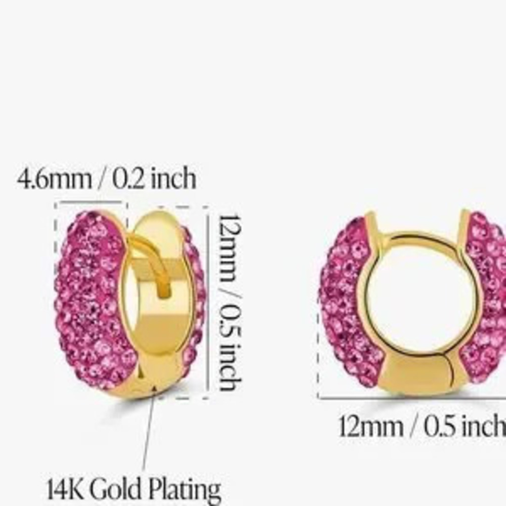NEW?14k Gold Plated Gold and Pink Crystal Hoop Earrings - Picture 3 of 4